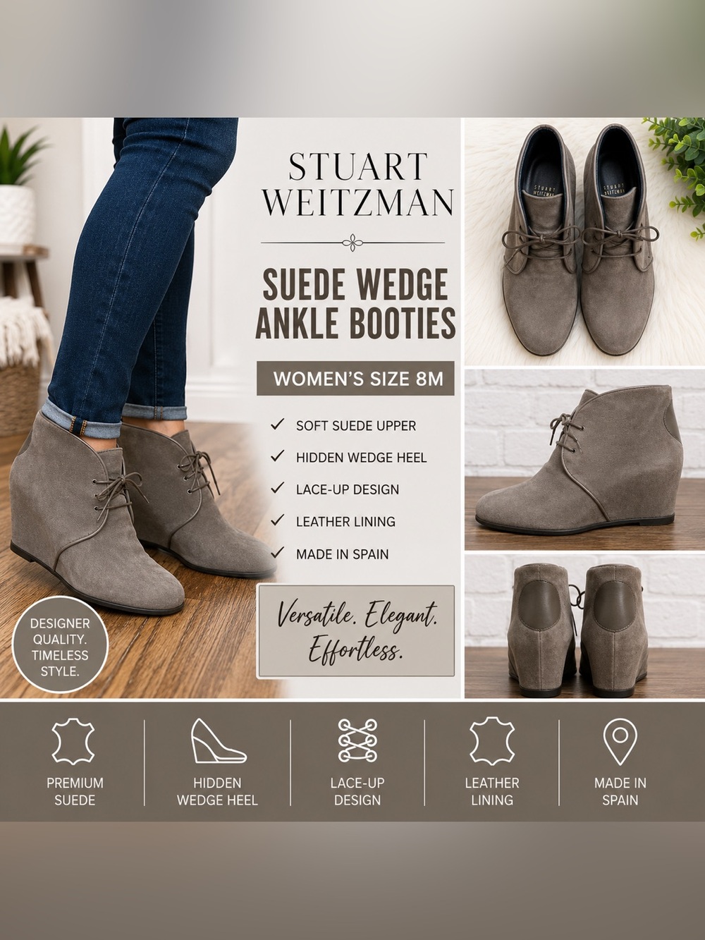 Stuart Weitzman Taupe Suede Wedge Lace-Up Ankle Booties Size 8 NWOT Never Worn